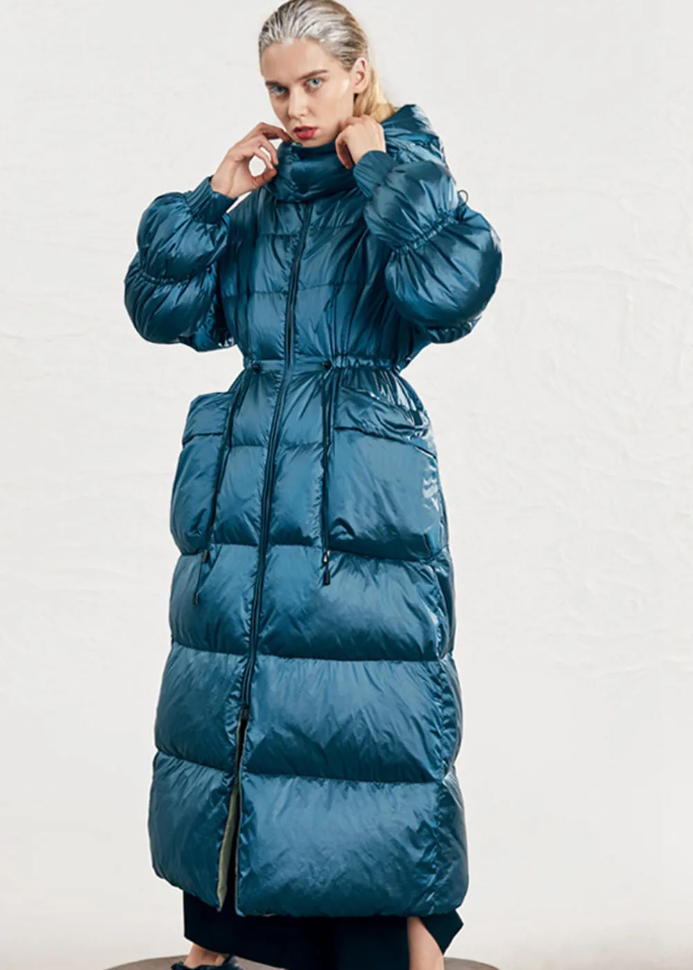 Hooded Drawstring Rommy Pocket Long Down Puffer Coat