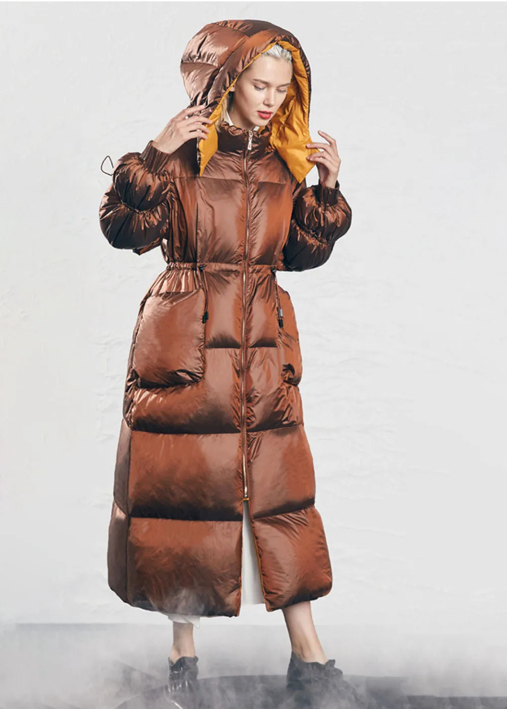 Hooded Drawstring Rommy Pocket Long Down Puffer Coat