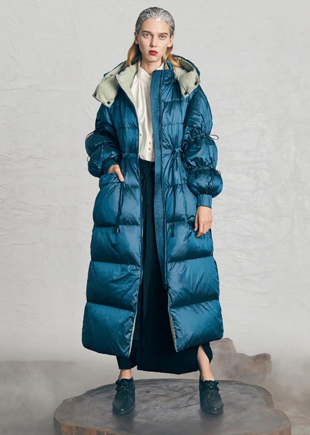 Hooded Drawstring Rommy Pocket Long Down Puffer Coat