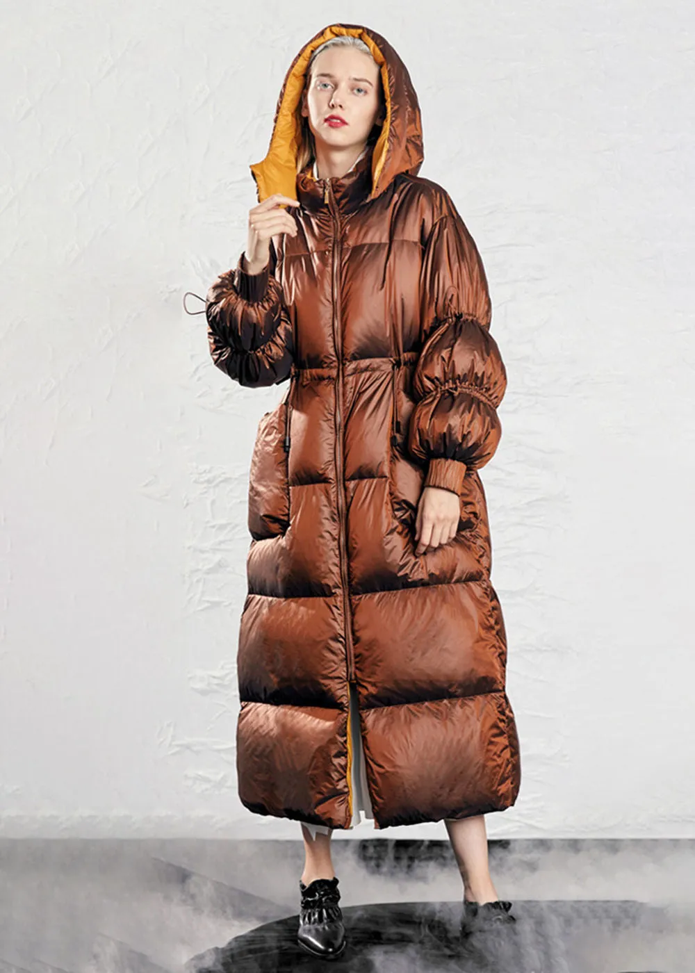 Hooded Drawstring Rommy Pocket Long Down Puffer Coat