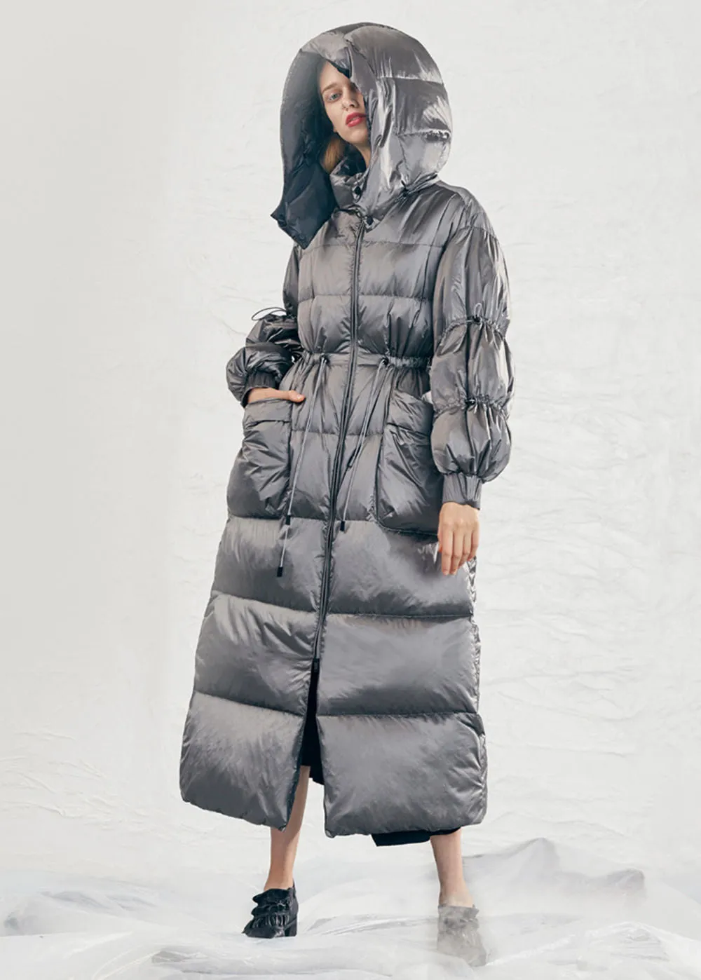 Hooded Drawstring Rommy Pocket Long Down Puffer Coat