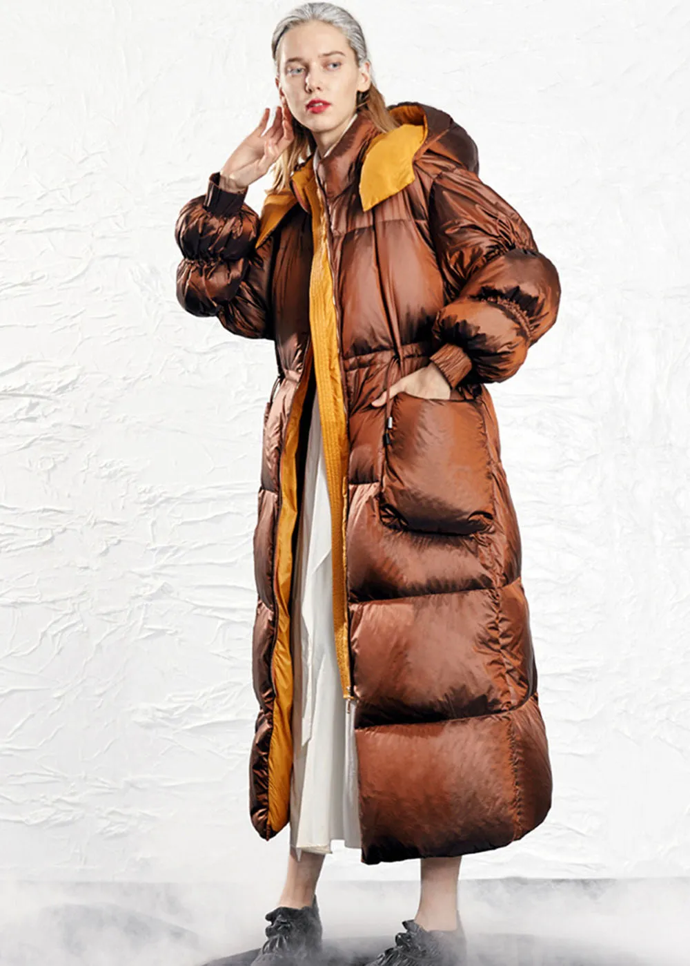 Hooded Drawstring Rommy Pocket Long Down Puffer Coat