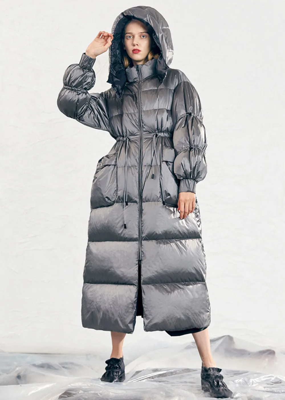 Hooded Drawstring Rommy Pocket Long Down Puffer Coat