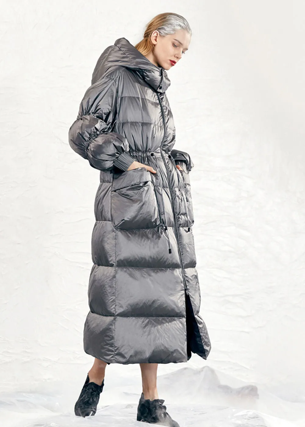 Hooded Drawstring Rommy Pocket Long Down Puffer Coat