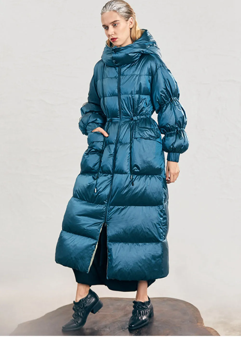 Hooded Drawstring Rommy Pocket Long Down Puffer Coat