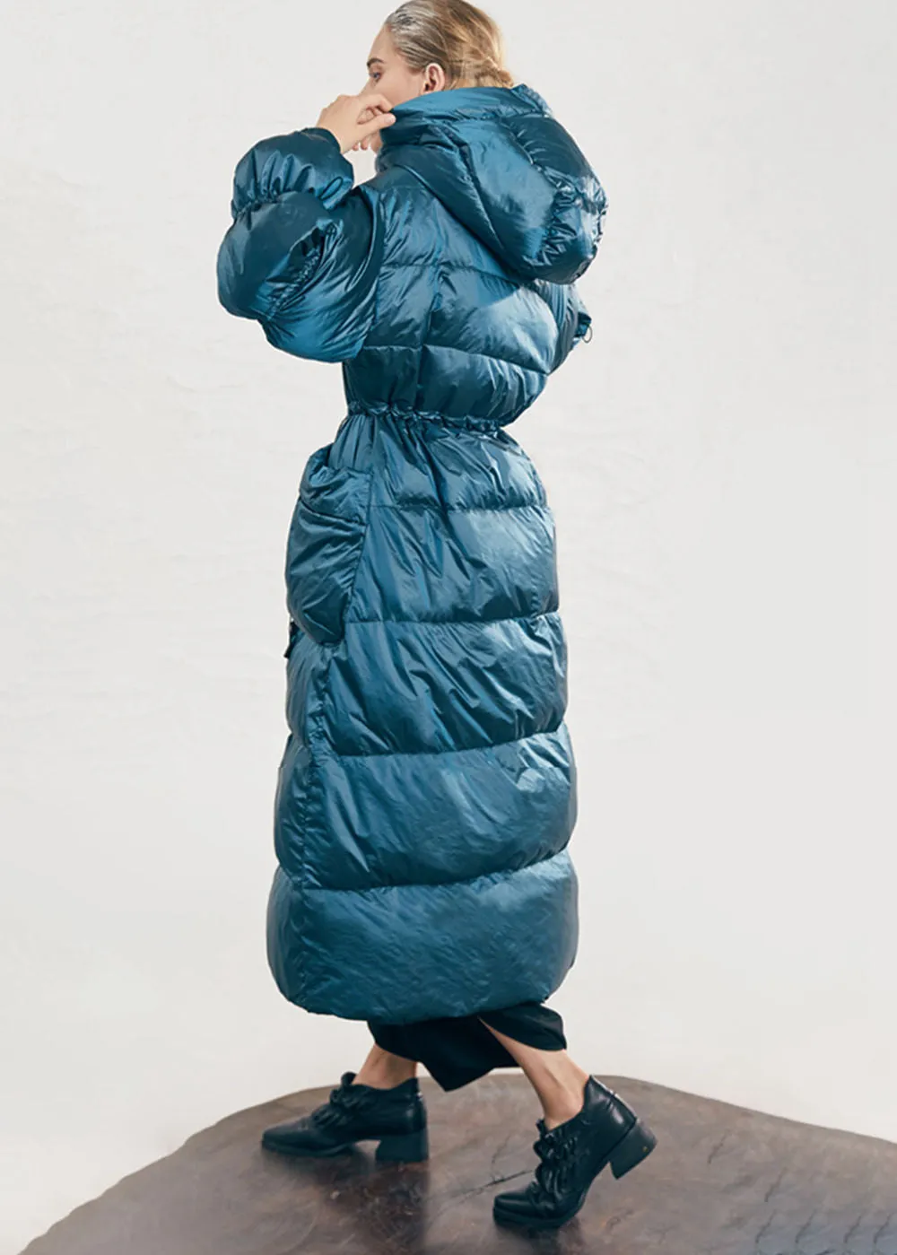 Hooded Drawstring Rommy Pocket Long Down Puffer Coat