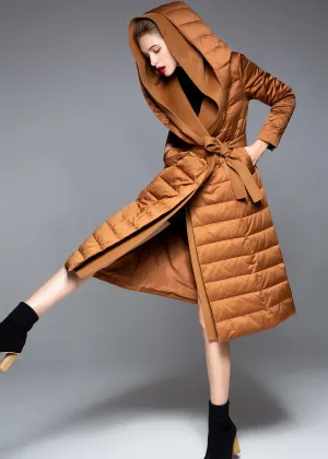 Hooded Patchwork Wool Blend Duck Down Belted Puffer Coat