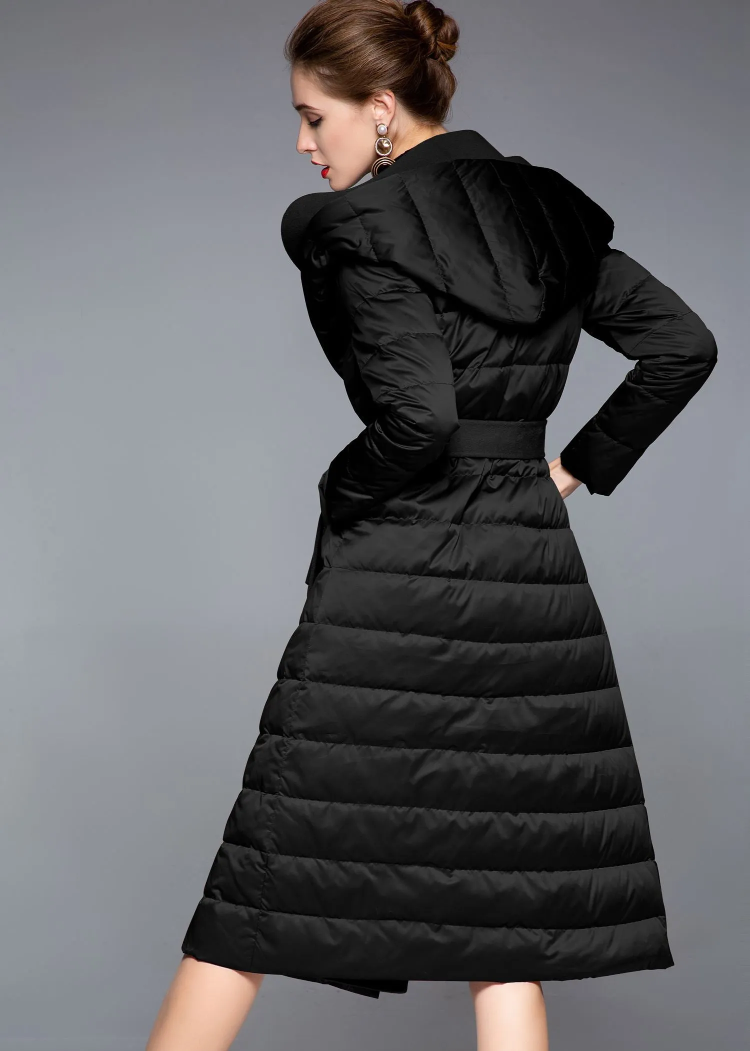 Hooded Patchwork Wool Blend Duck Down Belted Puffer Coat