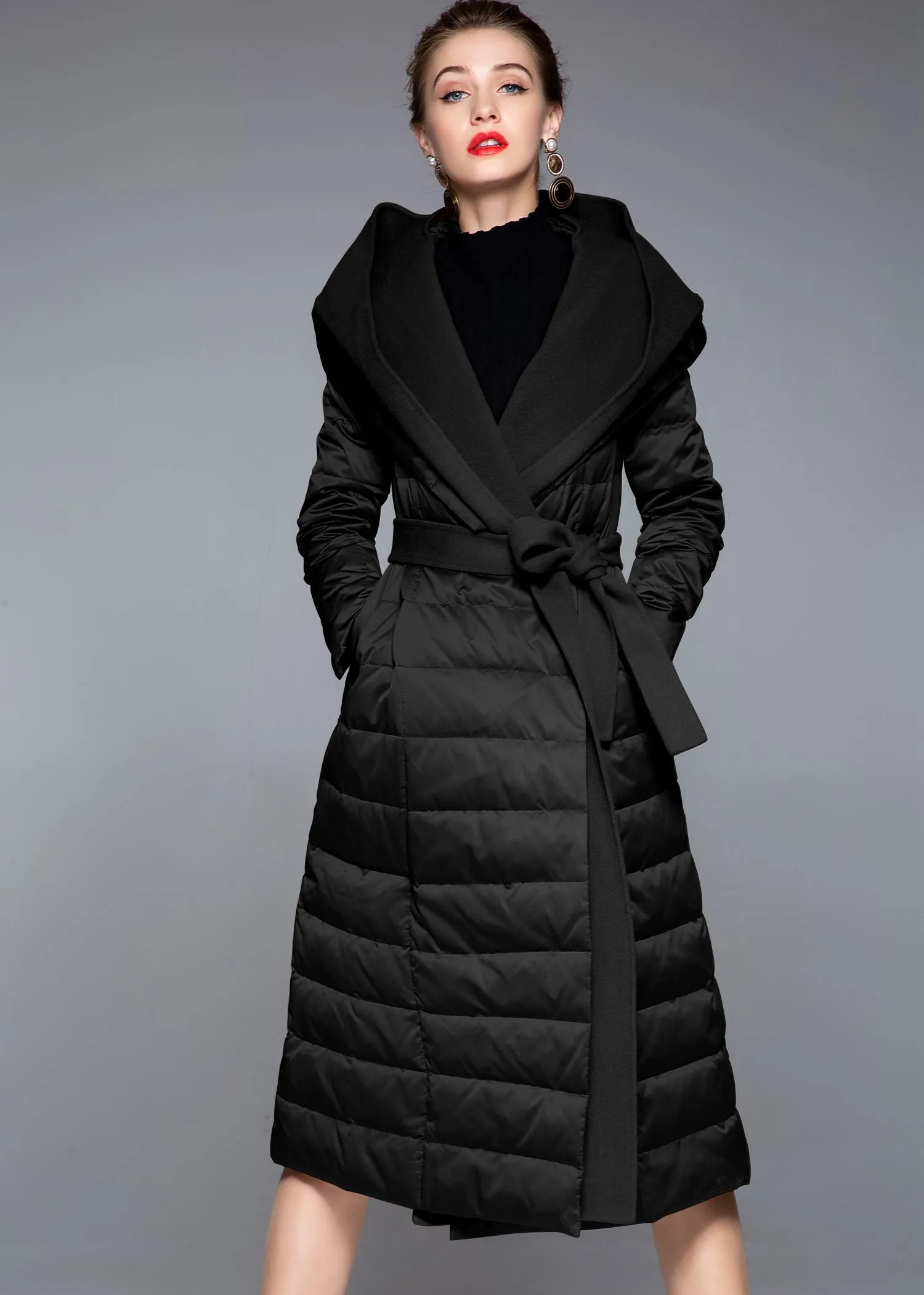 Hooded Patchwork Wool Blend Duck Down Belted Puffer Coat