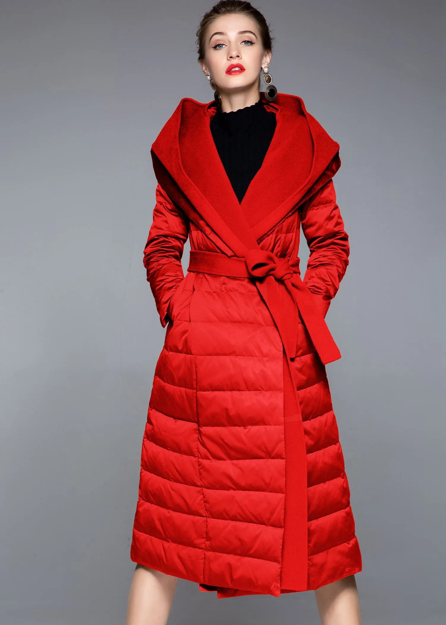 Hooded Patchwork Wool Blend Duck Down Belted Puffer Coat