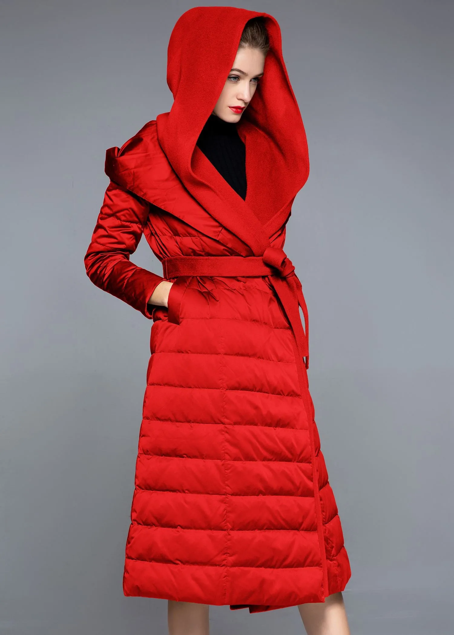 Hooded Patchwork Wool Blend Duck Down Belted Puffer Coat