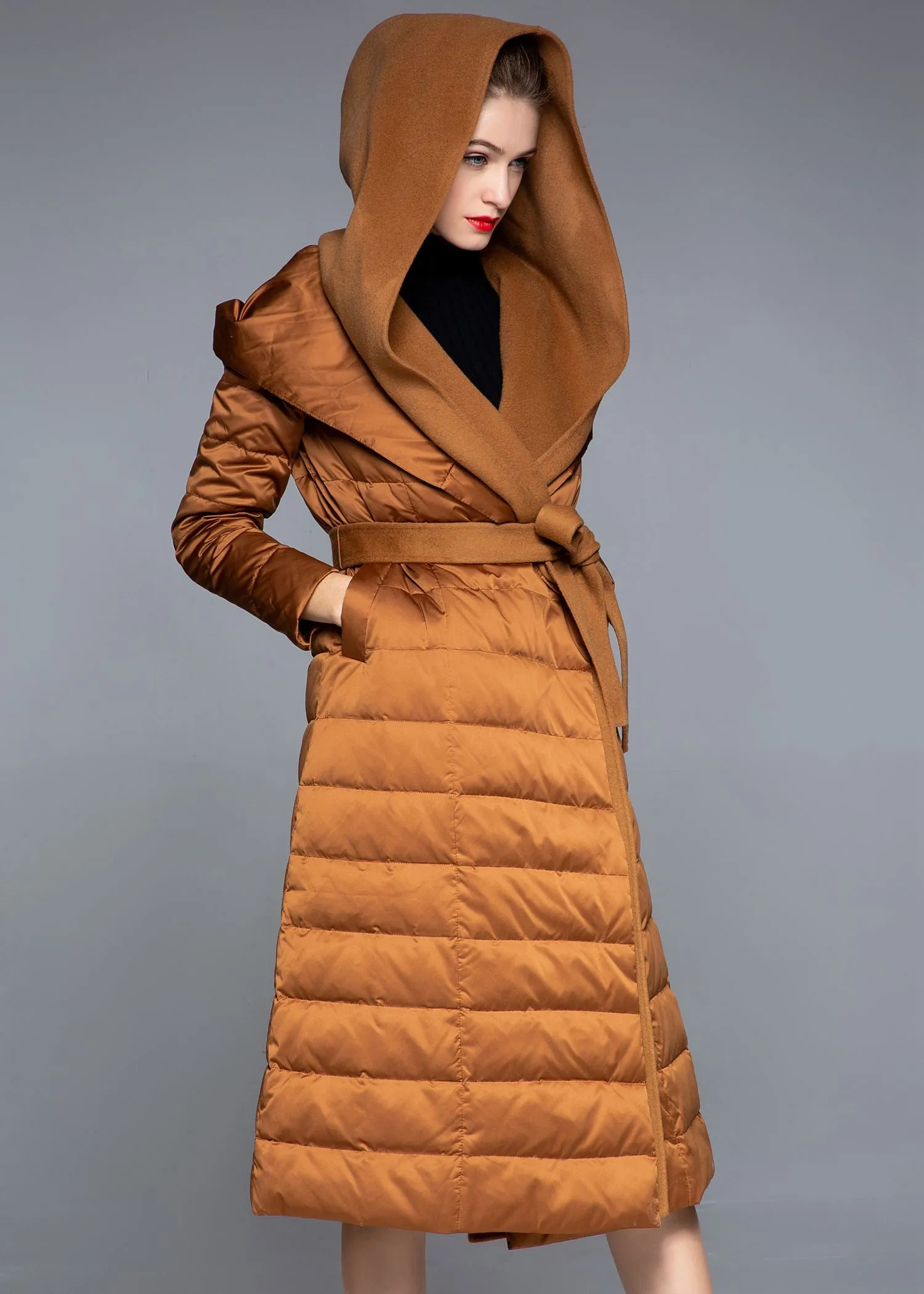 Hooded Patchwork Wool Blend Duck Down Belted Puffer Coat