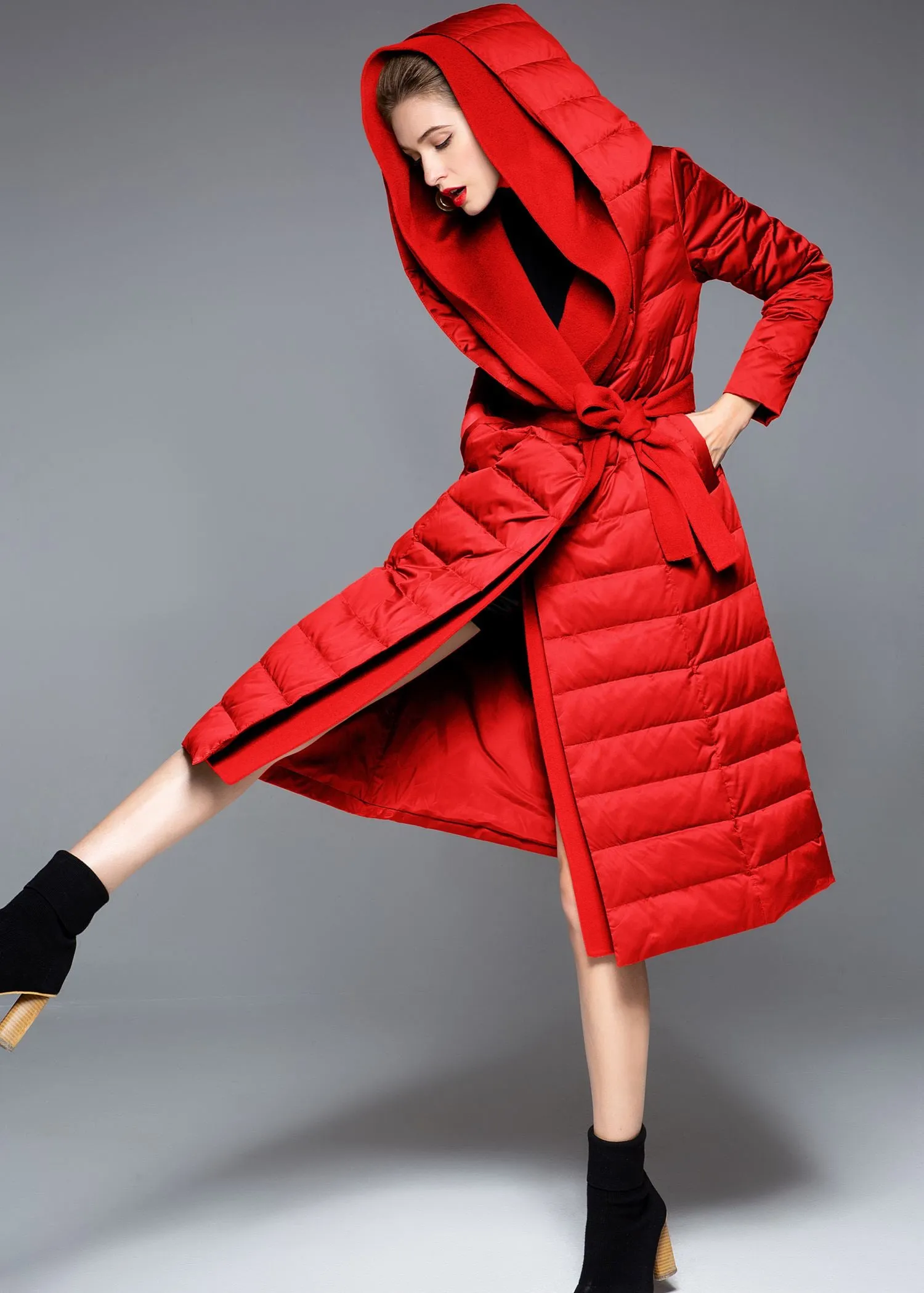 Hooded Patchwork Wool Blend Duck Down Belted Puffer Coat