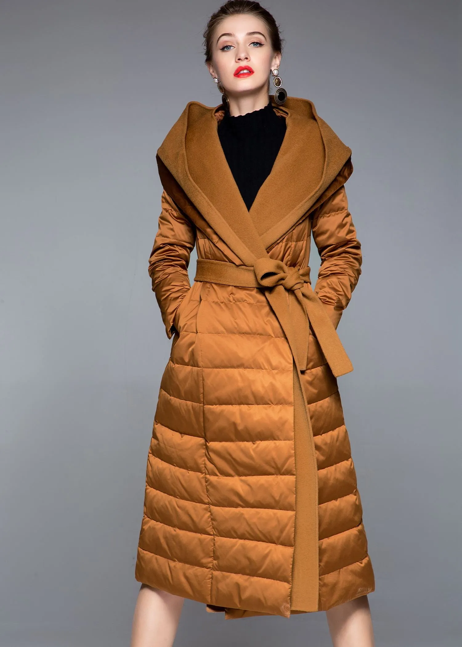 Hooded Patchwork Wool Blend Duck Down Belted Puffer Coat