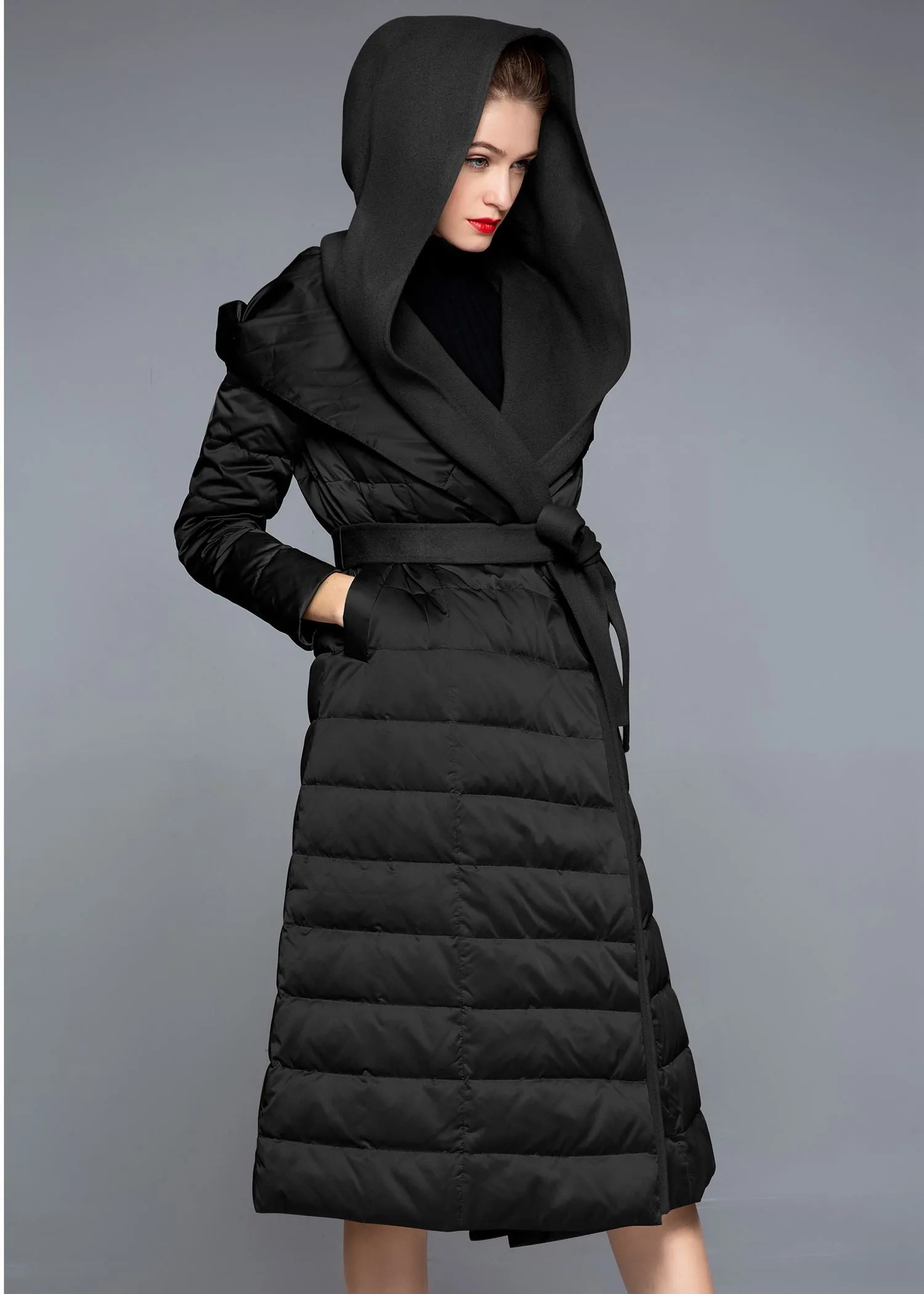 Hooded Patchwork Wool Blend Duck Down Belted Puffer Coat