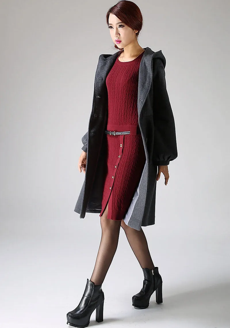 Hooded Swing wool jacket coat with Lantern Sleeves 1073#