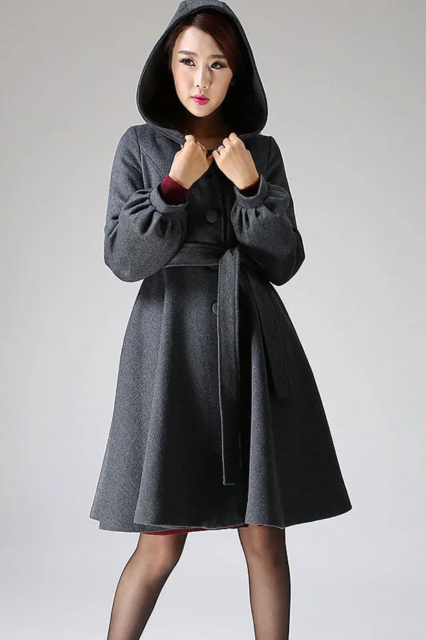 Hooded Swing wool jacket coat with Lantern Sleeves 1073#