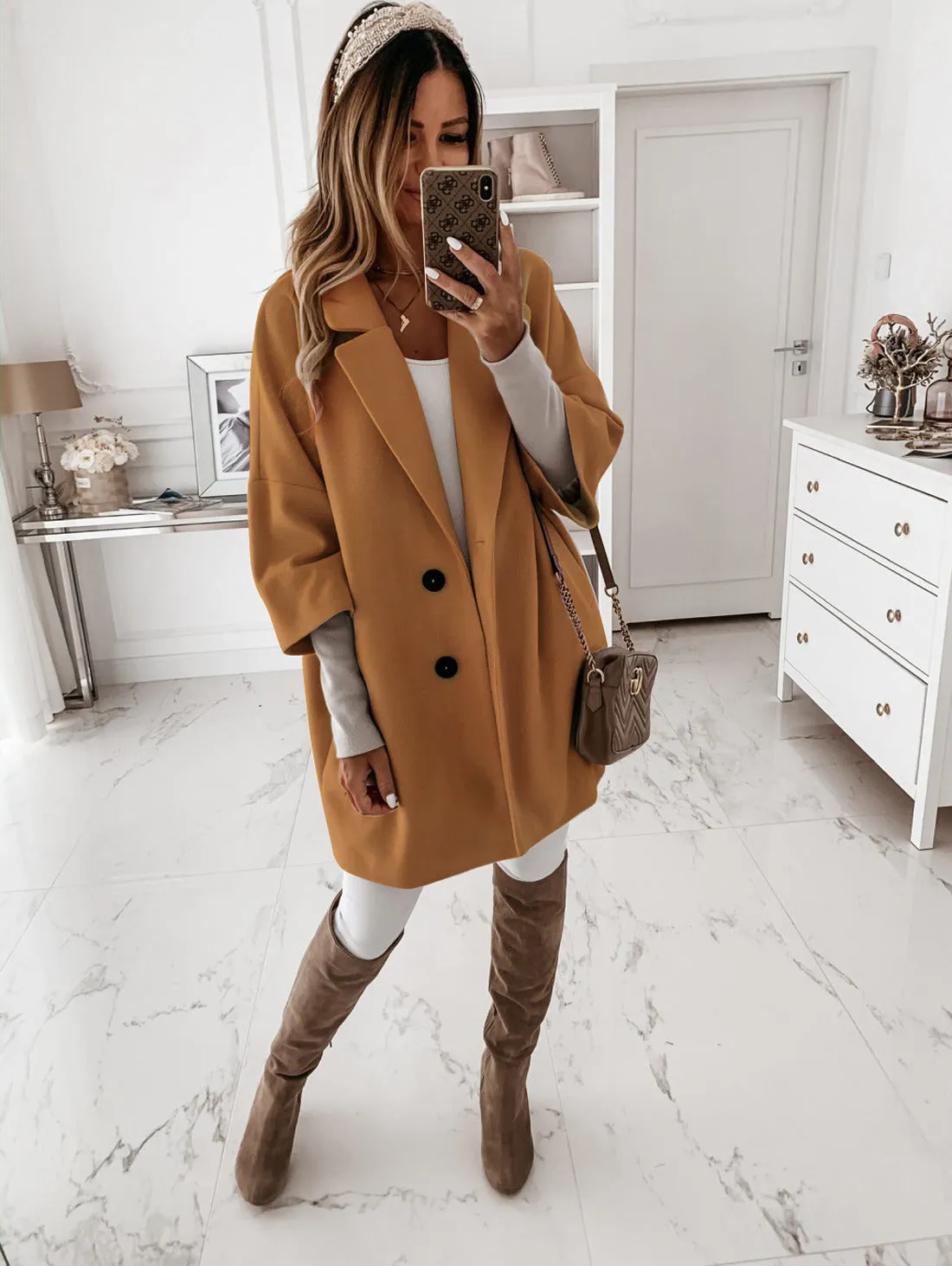 Hot Sale Autumn and Winter Three-quarter Sleeve Button Lapel Pocket Woolen Coat Women's Clothing