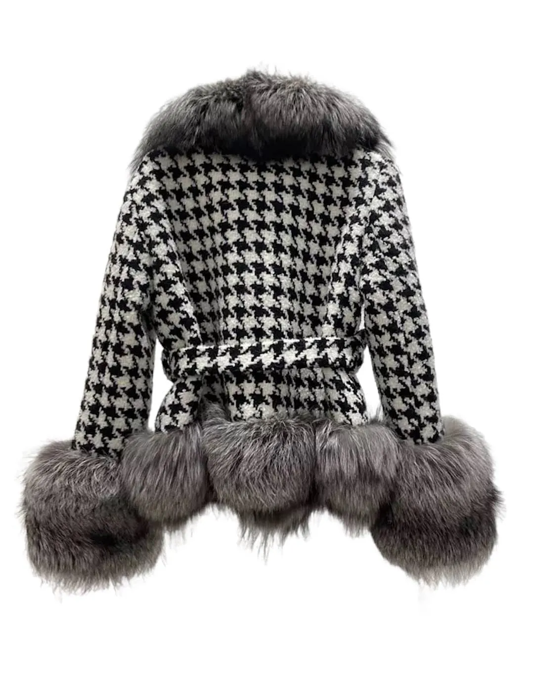 Houndstooth Fox Fur Trim Belted Wool Jacket