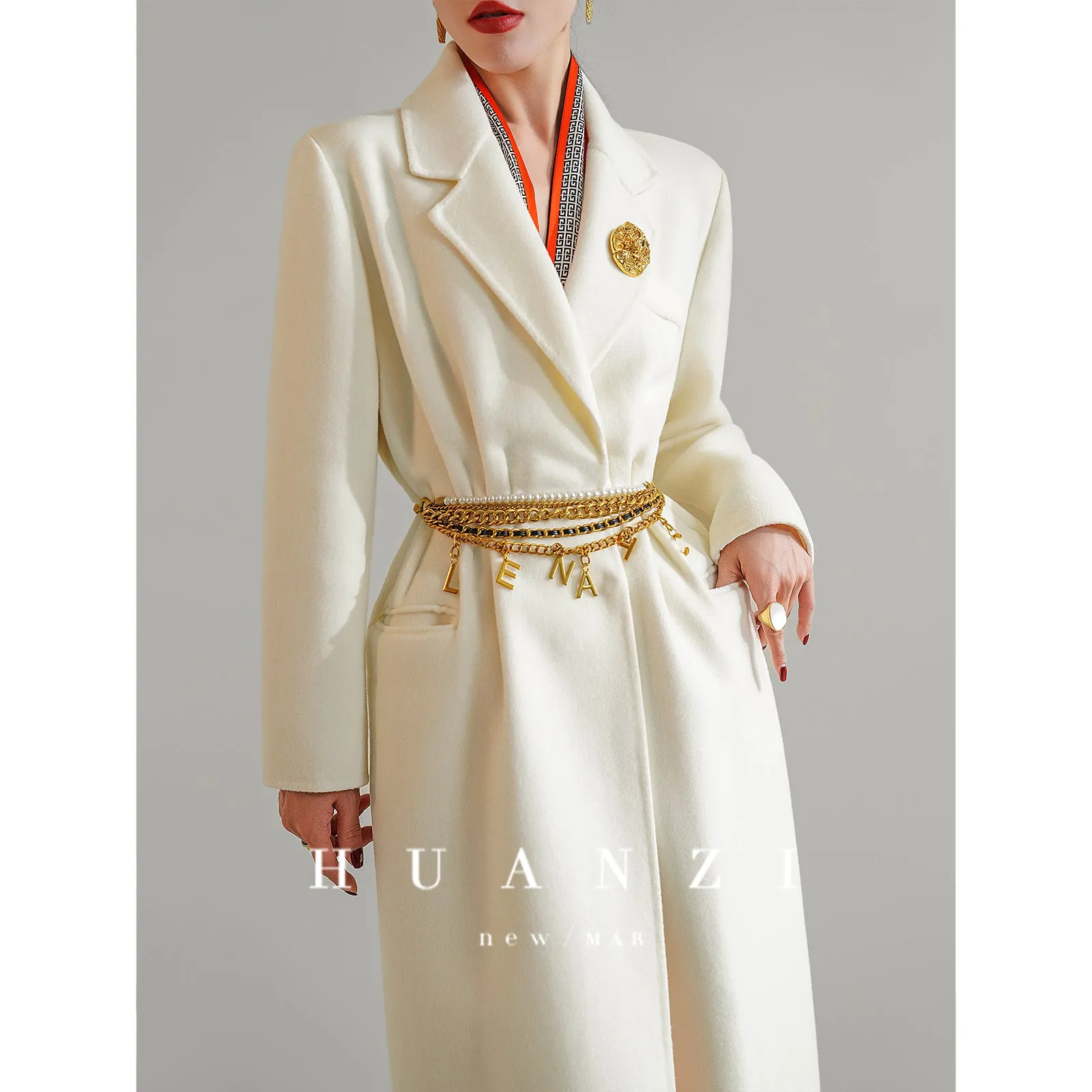 Huanzi high-definition wool pure hand-sewn double-sided woolen mid-length coat- Randy