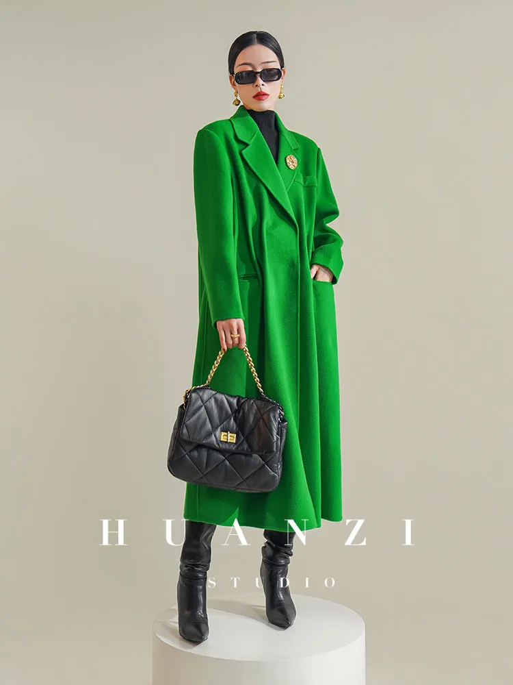 Huanzi high-definition wool pure hand-sewn double-sided woolen mid-length coat- Randy