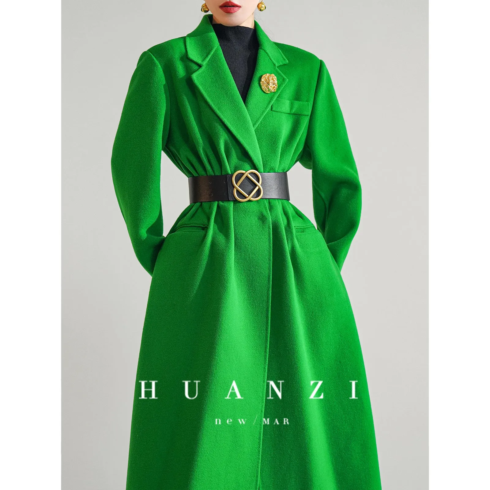 Huanzi high-definition wool pure hand-sewn double-sided woolen mid-length coat- Randy