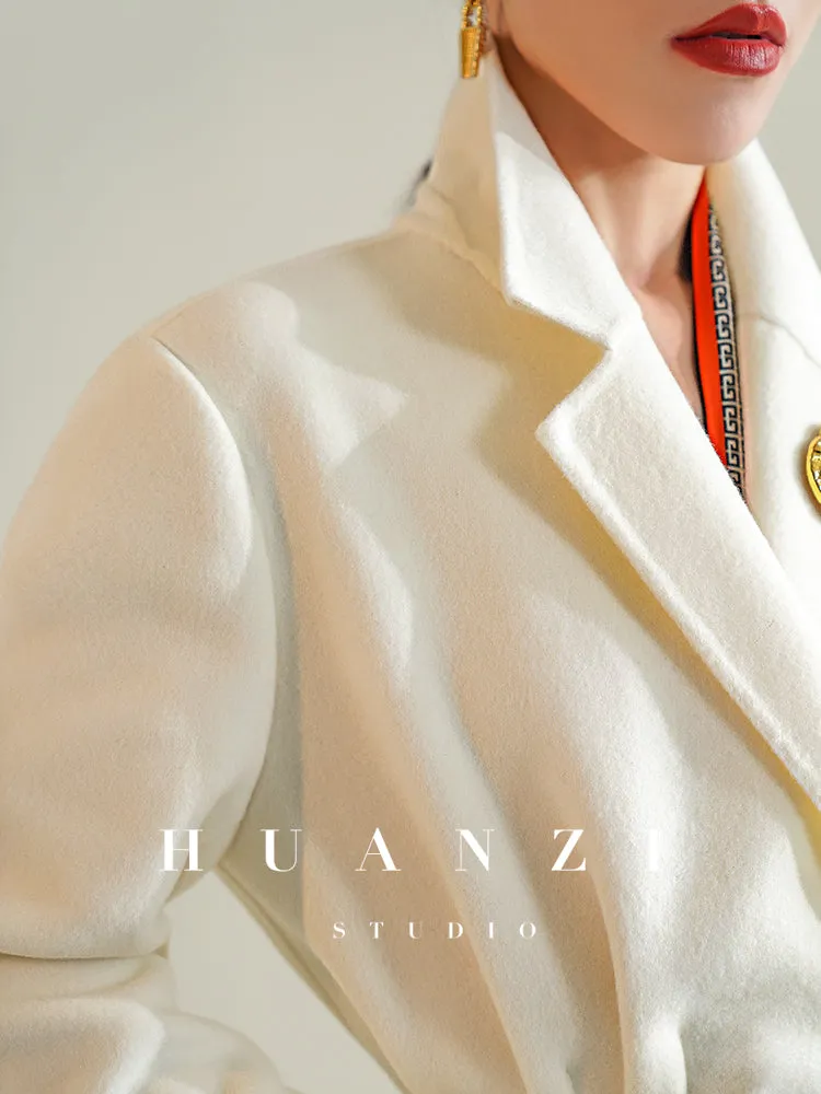 Huanzi high-definition wool pure hand-sewn double-sided woolen mid-length coat- Randy