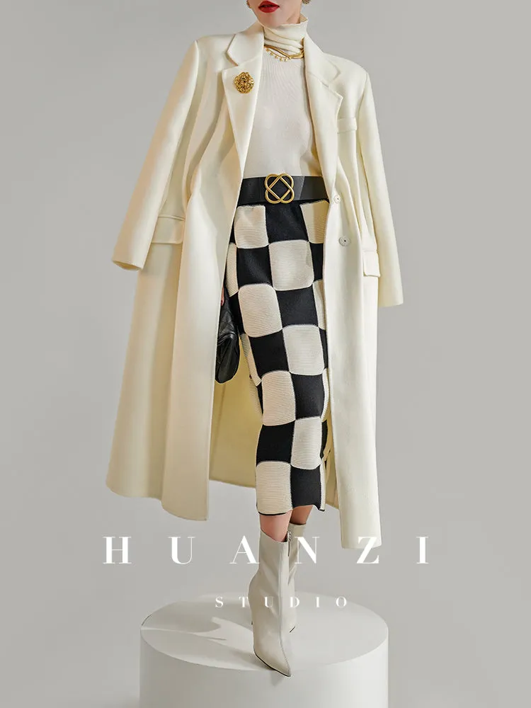 Huanzi high-definition wool pure hand-sewn double-sided woolen mid-length coat- Randy