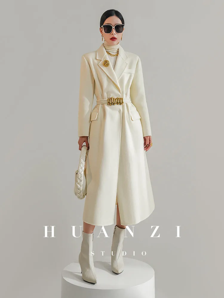 Huanzi high-definition wool pure hand-sewn double-sided woolen mid-length coat- Randy