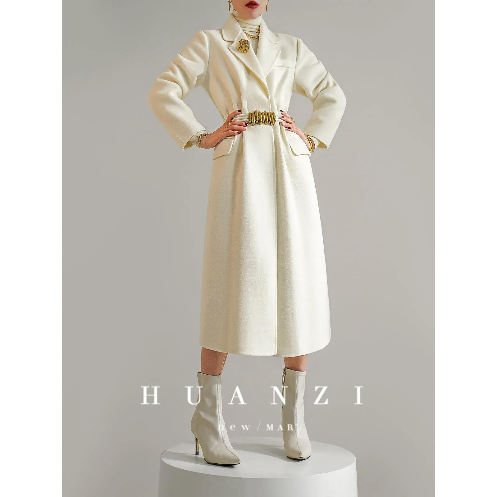 Huanzi high-definition wool pure hand-sewn double-sided woolen mid-length coat- Randy