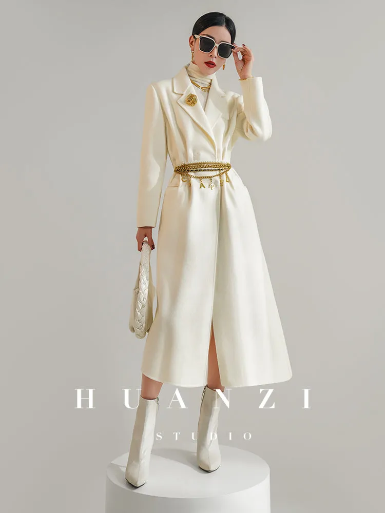 Huanzi high-definition wool pure hand-sewn double-sided woolen mid-length coat- Randy