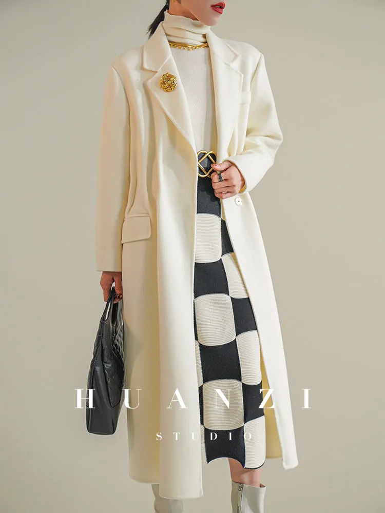 Huanzi high-definition wool pure hand-sewn double-sided woolen mid-length coat- Randy