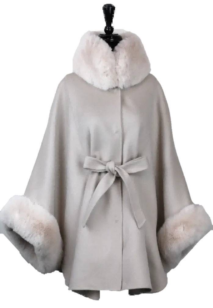 Ivory Hooded Poncho with Plush Faux Fur Trim - 100% Wool Fabrication, One Size Fits All (44x32in)