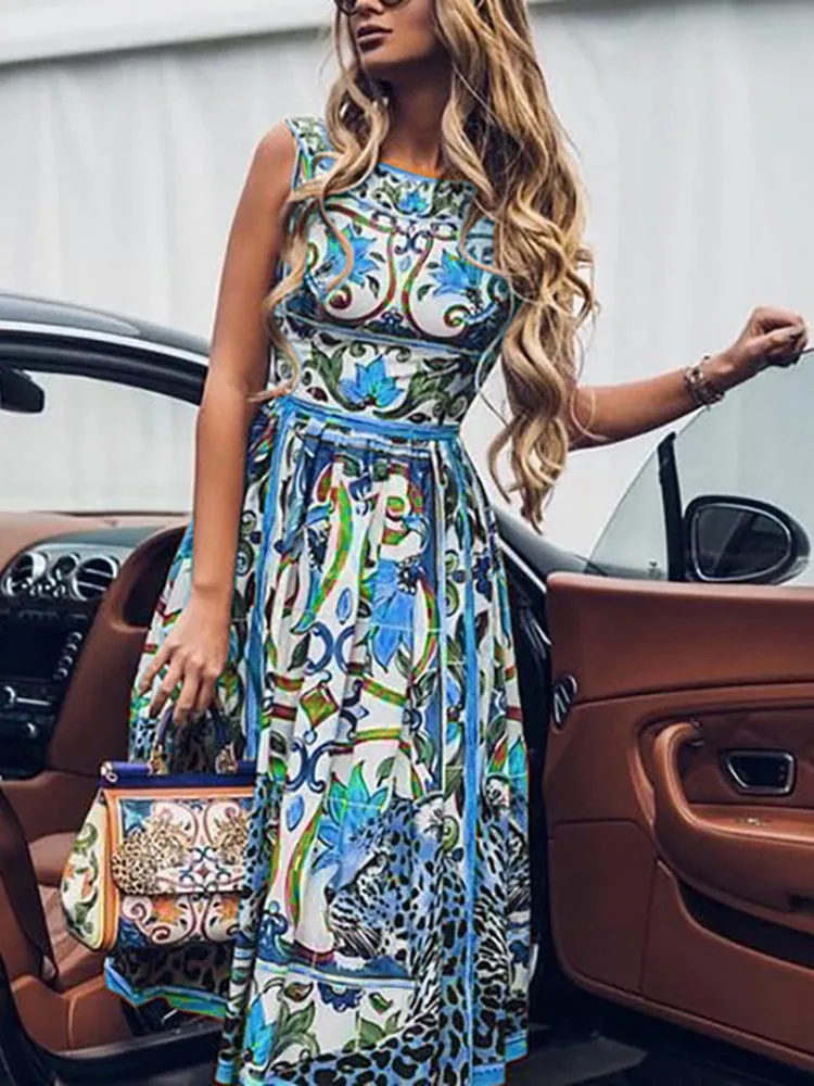 JuliaFashion - 2024 Vintage Print Dress Beach Holiday Bohemian Sleeveless Long Dress