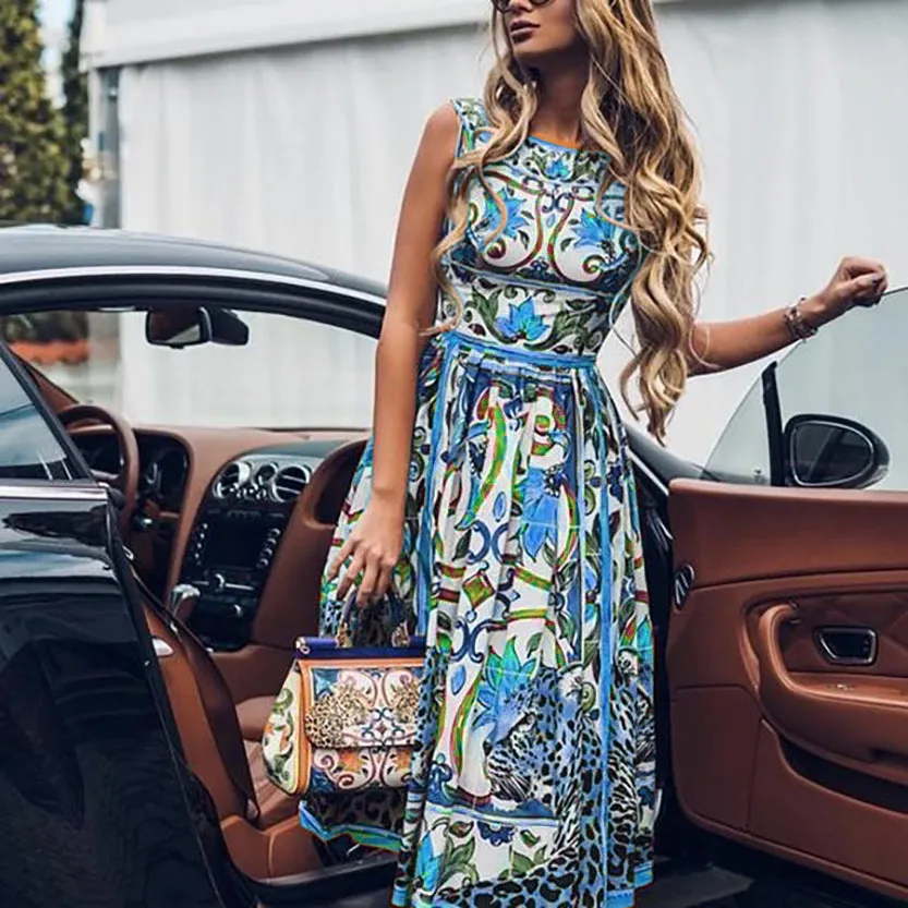 JuliaFashion - 2024 Vintage Print Dress Beach Holiday Bohemian Sleeveless Long Dress