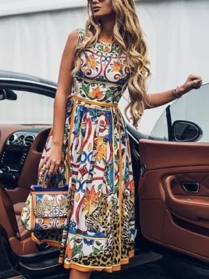 JuliaFashion - 2024 Vintage Print Dress Beach Holiday Bohemian Sleeveless Long Dress