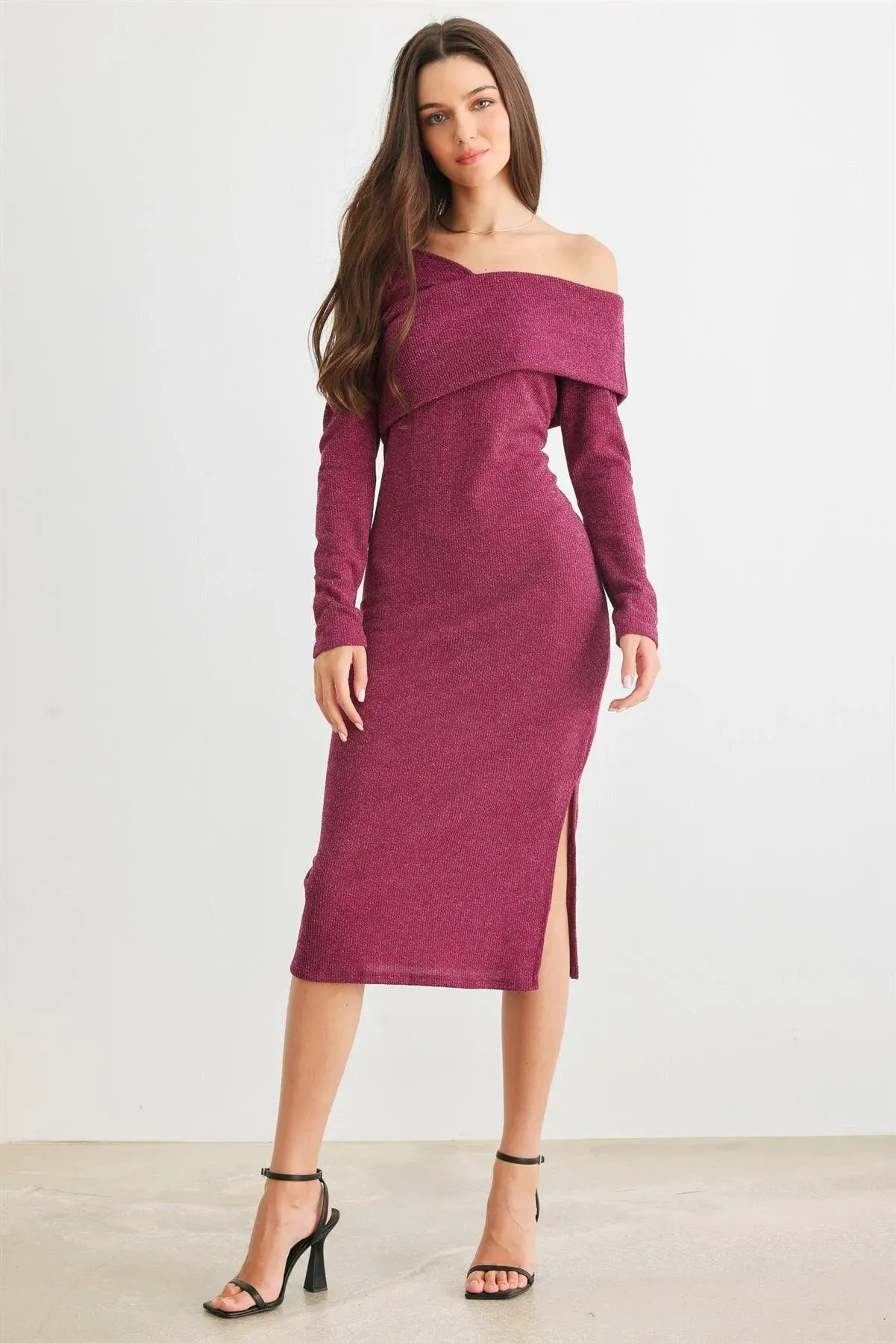 Knit Cold Shoulder Collar Neck Midi Dress /2-2-2