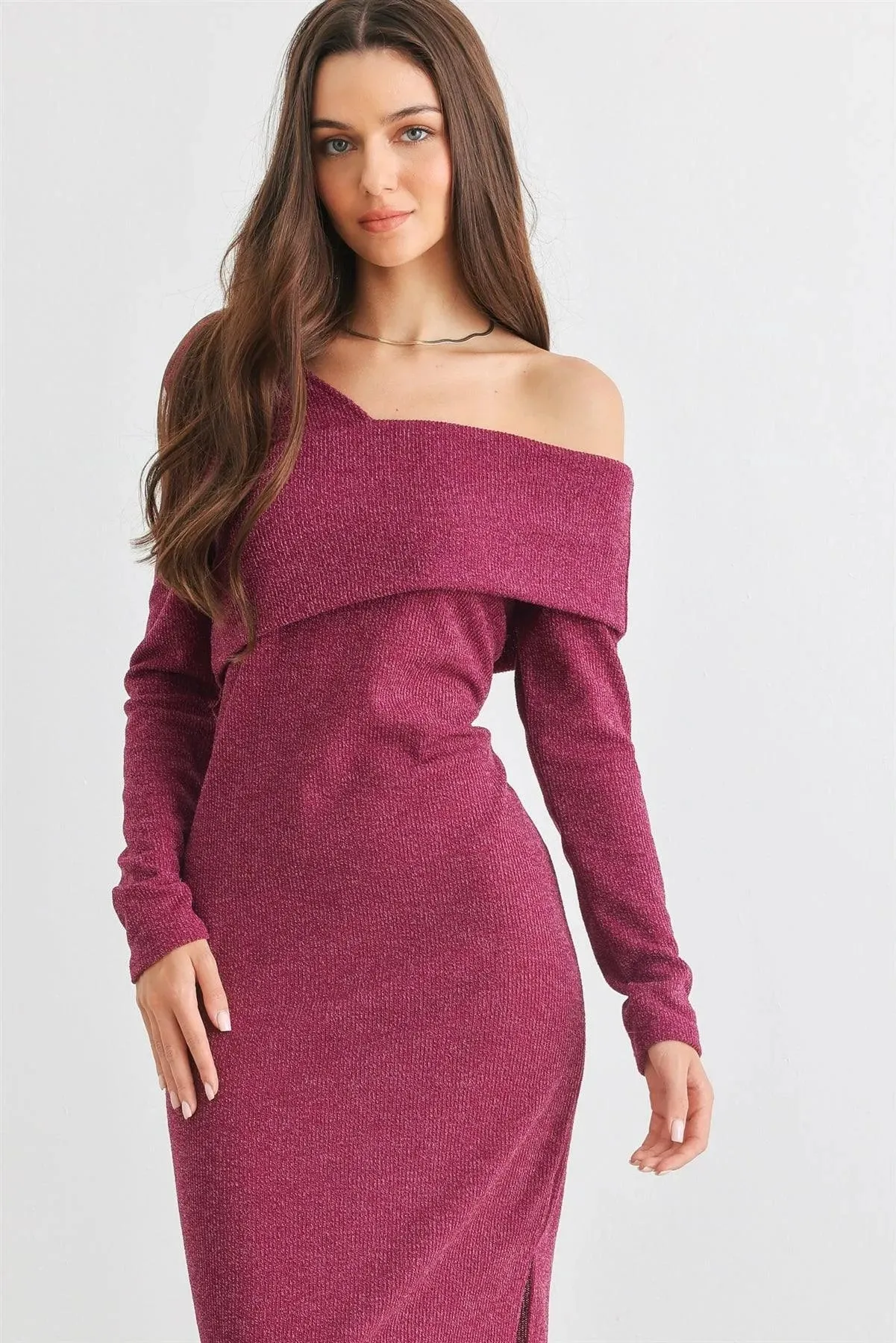 Knit Cold Shoulder Collar Neck Midi Dress /2-2-2