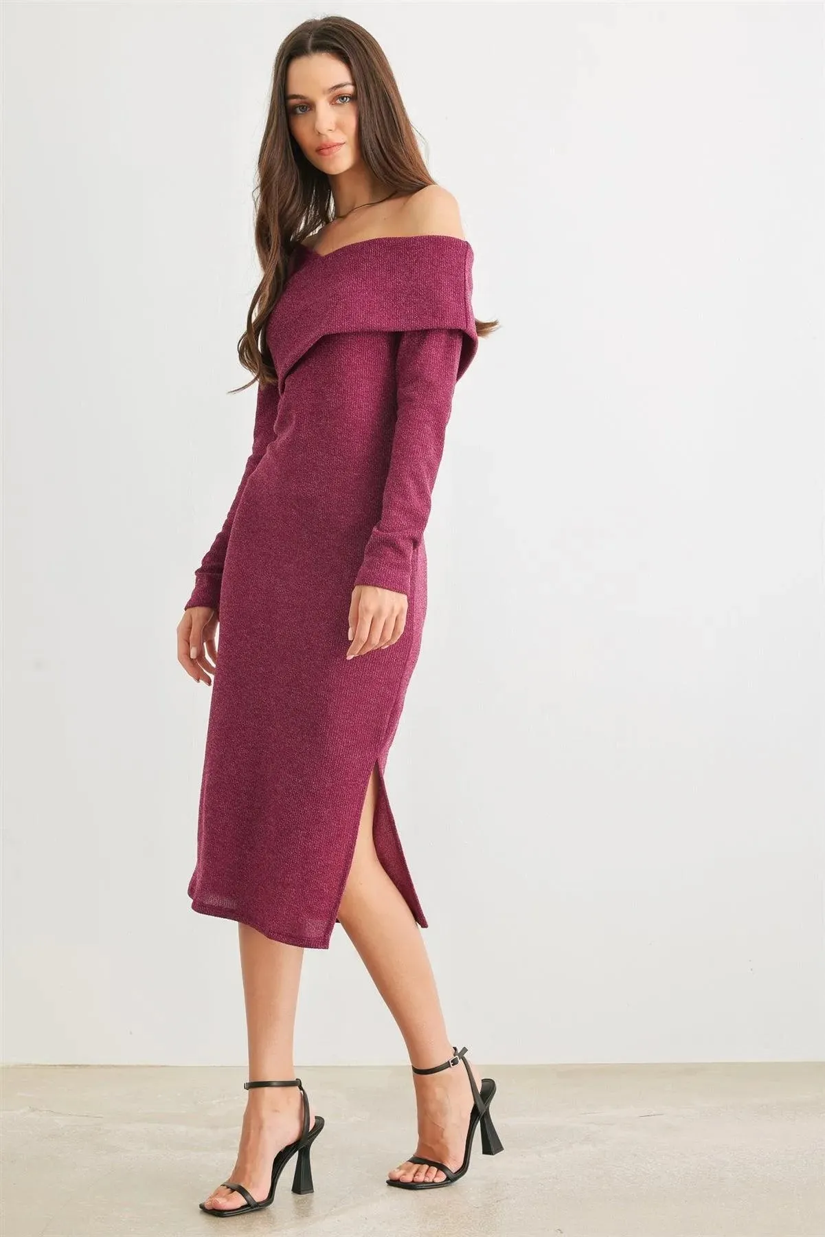 Knit Cold Shoulder Collar Neck Midi Dress /2-2-2