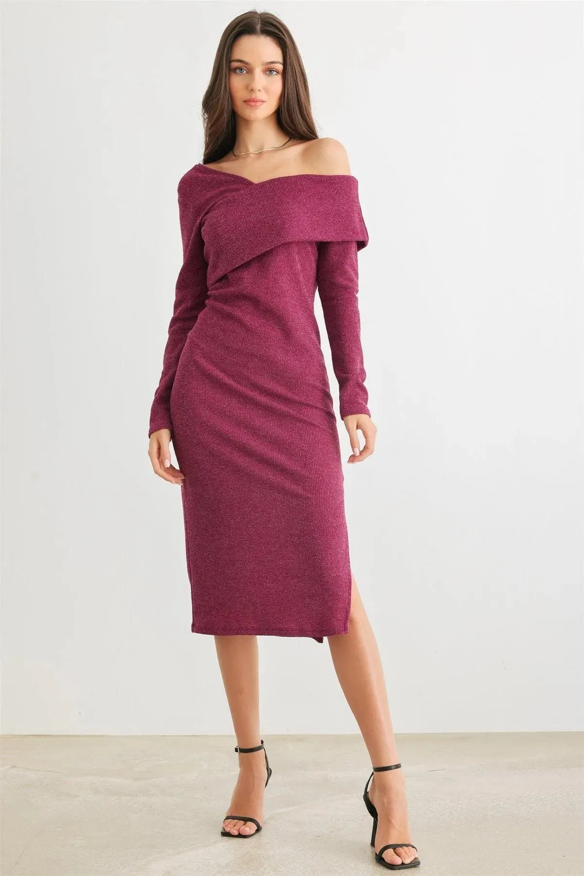 Knit Cold Shoulder Collar Neck Midi Dress /2-2-2