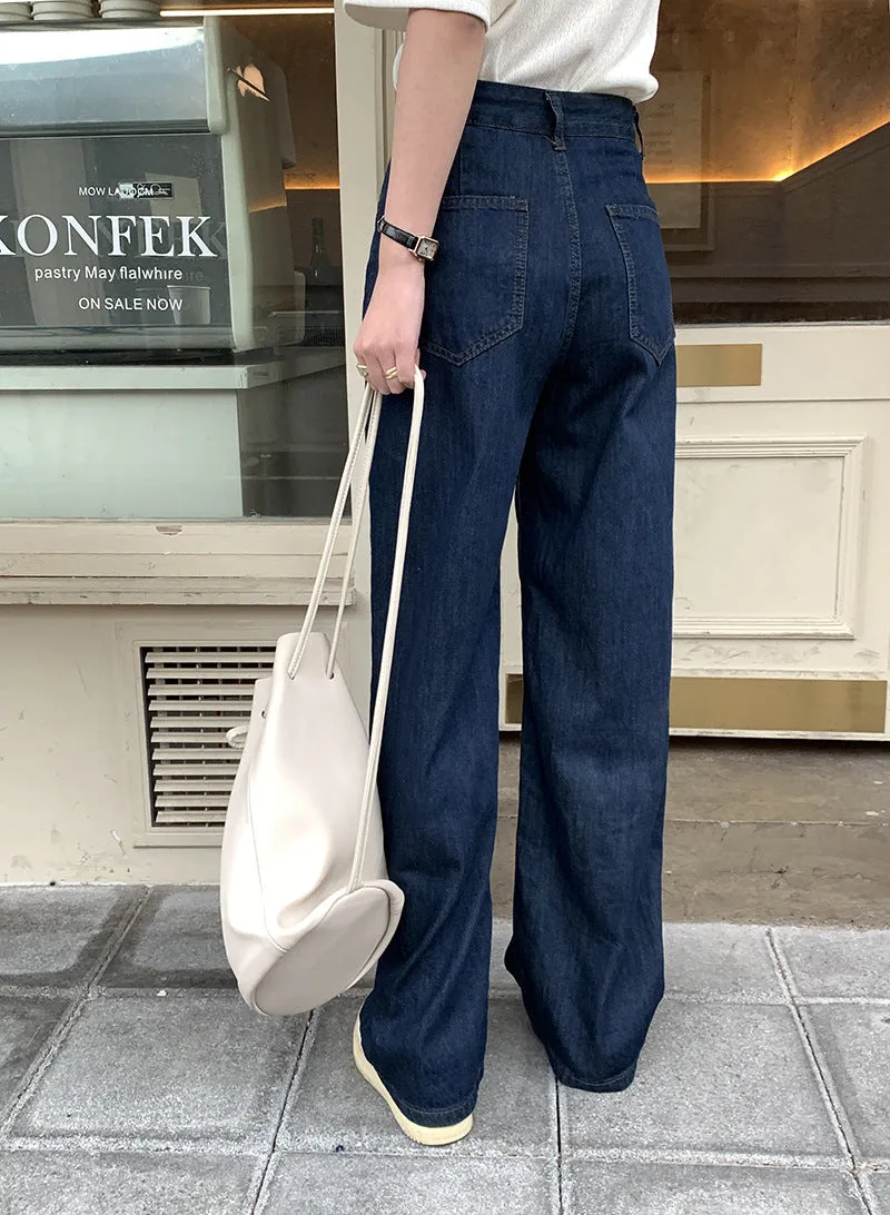 [Korean Style] High Rise Dark Washed Wide Leg Denim Jeans