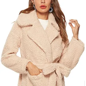 Lapel Bandage Woolen Plush Women's Coat