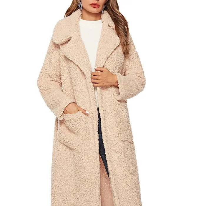 Lapel Bandage Woolen Plush Women's Coat