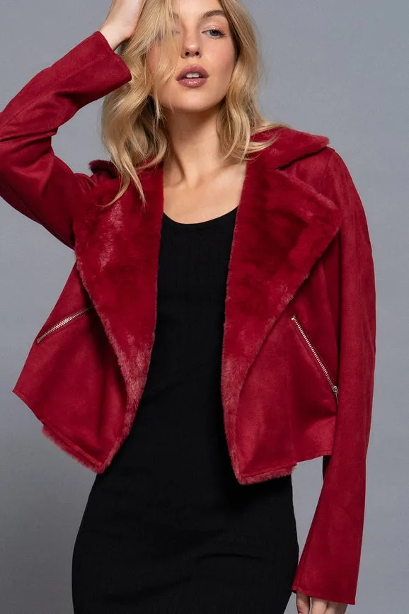 Lapel Collar with Fur Detailed Faux Suede Biker Jacket BRG-wine