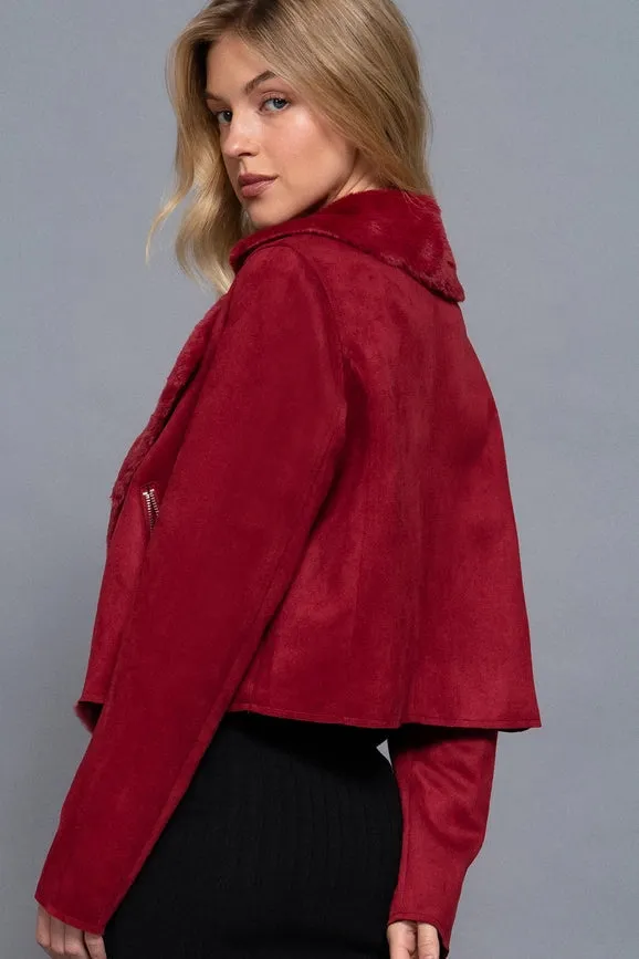 Lapel Collar with Fur Detailed Faux Suede Biker Jacket BRG-wine