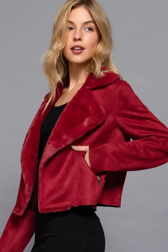 Lapel Collar with Fur Detailed Faux Suede Biker Jacket BRG-wine