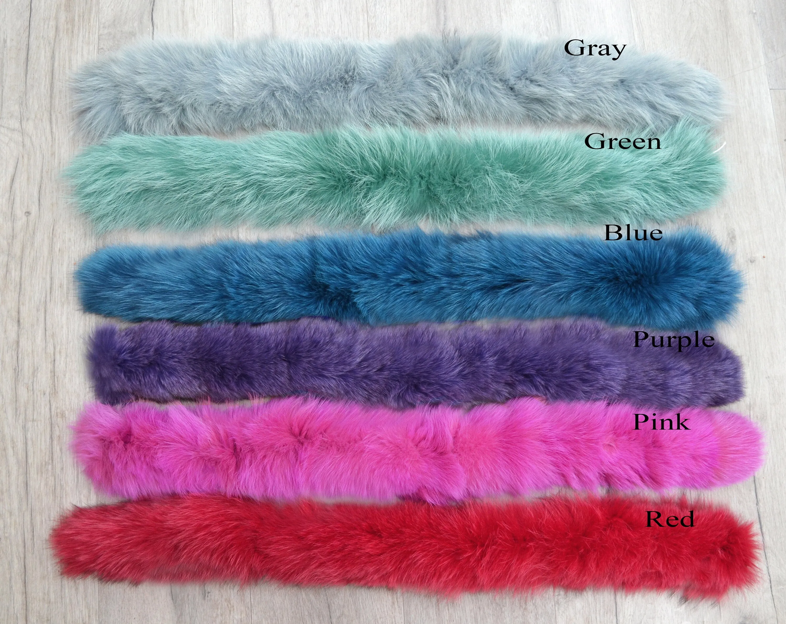 Large Fox Fur Trim, Collar for Hood (PIECES), 80 cm- Gray, Green, Red, Purple, Pink, Blue