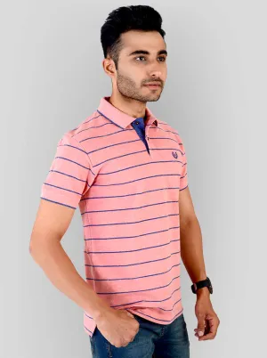 Light Pink & Blue Striped Slim Fit Polo T-shirt | Greenfibre