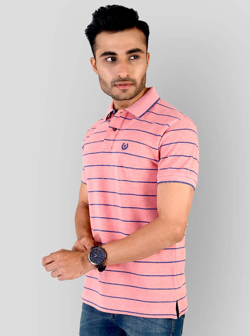 Light Pink & Blue Striped Slim Fit Polo T-shirt | Greenfibre