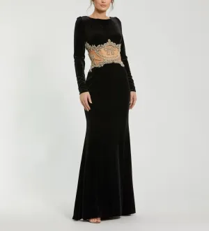 Long Draped Sleeve Sheer Embellished Detail Gown